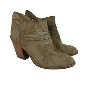 Loeffler‎ Randall Ankle Booties 9 Khaki Green Gray Suede Leather Stacked Heel